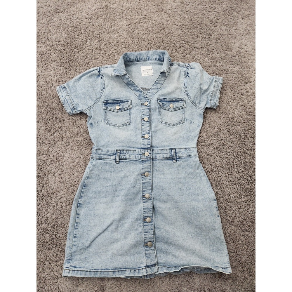 Celebrity Pink Denim Dress Womens L Blue Short Sleeve Button Up Mini Utility 90s